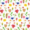 Floral endless pattern of small primroses, feathers and wooden hearts