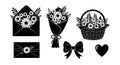 Floral envelope bouquet basket bow and heart vector silhouette design elements Royalty Free Stock Photo