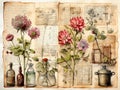 Floral ephemera old recipes paper. Vintage scrapbook page with flowers herbal oil bottles Royalty Free Stock Photo