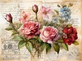 Floral ephemera. Victorian scrapbook page with pastel roses flowers and calligraphy