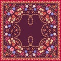 Floral ethnic shawl in russian style. Peacocks, roses, tulips, paisley border and little flowers on dark purple background. Vector Royalty Free Stock Photo