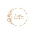 Floral eucalyptus label for package. Wildflower linear logo sketch. Floral wreath emblem wedding design