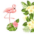 Floral exotic natural decoration. Safary summer background with Tropical leaves silhouette, blooming plumeria flowers