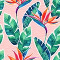 Floral exotic seamless pattern. Watercolor tropical flowers on doodle background