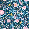 Floral fabulous seamless pattern. Vector cartoon cute flowers in simple childish hand-drawn scandinavian style. Colorful Royalty Free Stock Photo