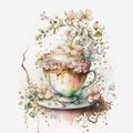 Floral Fantasy: A Ice Coffee Cup and Saucer with Colorful Blooms AI Generated
