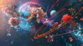 Floral Fantasy Space Scene with Vibrant Planets and Comets