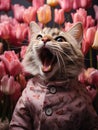 Floral Feline Fashion: Cat in a Pastel Pink Suit and Tulips