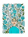 Floral female portrait, pretty woman with floral hairs. Design for fashion cards, banners, posters