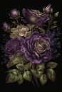 Floral fine art colorful low key portrait of blooming purple pink roses