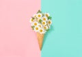 Floral flat lay Chamomile daisy flowers ice cream waffle cone Royalty Free Stock Photo