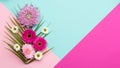 Floral flat lay Happy Mother`s Day, Women`s Day, Valentine`s Day or Birthday background.