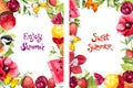Floral flyer template 5x7 with lettering text Enjoy summer and Sweet summer . Summertime fruits, berries, ice cream