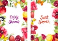Floral flyer template 4x6 with lettering text Enjoy summer and Sweet summer . Summertime fruits, berries, ice cream Royalty Free Stock Photo