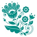 Floral folk art vector design inspired by traditional embroidery patterns from Sweden, Scandinavian retro decoration with green fl