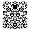 Floral folk art vector design from Nowy Sacz in Poland inspired by traditional highlanders embroidery Lachy Sadeckie in black and