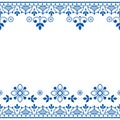 Scandinavian folk art outline vector greeting card and seamless texttile pattern, navy blue retro design with flowers