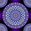 Floral folkloric round mandalas seamless pattern. Vector purple glowing background. Repeat geometric backdrop. Ethnic