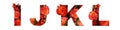 Floral font letter IJKL from a real red-orange roses for bright design. Stylish font of flowers for conceptual ideas