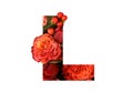 Floral font letter L from a real red-orange roses for bright design. Stylish font of flowers for conceptual ideas