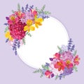 Floral frame with autumn hydrangea flowers, alstroemeria lily, lavender, and leaf on blue in the background. Royalty Free Stock Photo