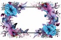 a floral frame with blue and purple flowers and butterflies Royalty Free Stock Photo