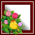 Floral frame with bouquet of roses and a yellow bird. Illustration. Royalty Free Stock Photo