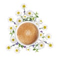 Floral frame with chamomile flower over white coffee cup Royalty Free Stock Photo