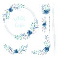 Floral Frame Collection. Set of cute blue watercolor flowers for wedding invitations and birthday cards Royalty Free Stock Photo