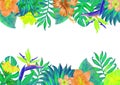 Floral frame with colorful  tropical leaves and flowers. Royalty Free Stock Photo