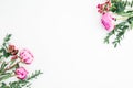 Floral frame composition with bouquets of pink peonies and eucalyptus branches on white background. Flat lay