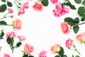 Floral frame composition with roses flowers, buds and green leaves on white background. Flat lay, top view Royalty Free Stock Photo