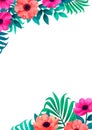 Floral frame, corner trendy tropical design. Vertical Design with beautiful tropic flowers and copy space on white