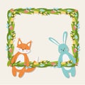 Floral frame with cute funny fox and hare