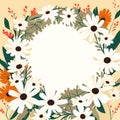 Floral frame with daisies, leaves and branches. Vector illustration. AI Generated