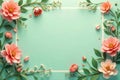 Floral frame with delicate peach blossoms and white flowers on a mint background. Generative AI Royalty Free Stock Photo