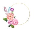 Floral frame with golden hoop in vintage style. wtercolor pastel pink toses, green leaves and feathers on white background