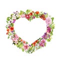 Floral frame - heart shape. Summer flowers, meadow herbs, wild grass. Watercolor for Valentine day