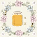 Floral frame, honey jar and bees