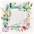 Floral frame illustration. Flower Wreath, square. Watercolor background with flowers, leaves, twigs. Royalty Free Stock Photo