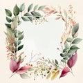 Floral frame illustration. Flower Wreath, square. Watercolor background with flowers, leaves, twigs. Royalty Free Stock Photo