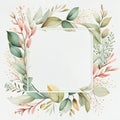 Floral frame illustration. Flower Wreath, square. Watercolor background with flowers, leaves, twigs. Royalty Free Stock Photo