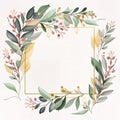 Floral frame illustration. Flower Wreath, square. Watercolor background with flowers, leaves, twigs. Royalty Free Stock Photo