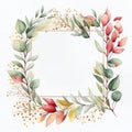 Floral frame illustration. Flower Wreath, square. Watercolor background with flowers, leaves, twigs. Royalty Free Stock Photo