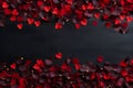 Floral frame made of beautiful red rose petals, confetti and hearts on black background. Love and romantic Royalty Free Stock Photo