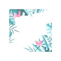 Floral frame made of blue tropical leaves and pink flowers. Original natural border. Flat vector element for postcard or Royalty Free Stock Photo