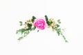 Floral frame made of pink peonies and roses flowers and eucalyptus on white background. Flat lay Royalty Free Stock Photo