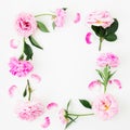 Floral frame made of pink roses on white background. Flat lay, Top view. Valentines day composition Royalty Free Stock Photo