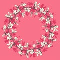 Floral frame with magnolia tree blossom. Pink background with branch and magnolia flower. Spring wreath design with Royalty Free Stock Photo