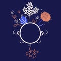 Floral frame of mysterious witch night flowers. Design with mysterious magic plants in blue and brown colors